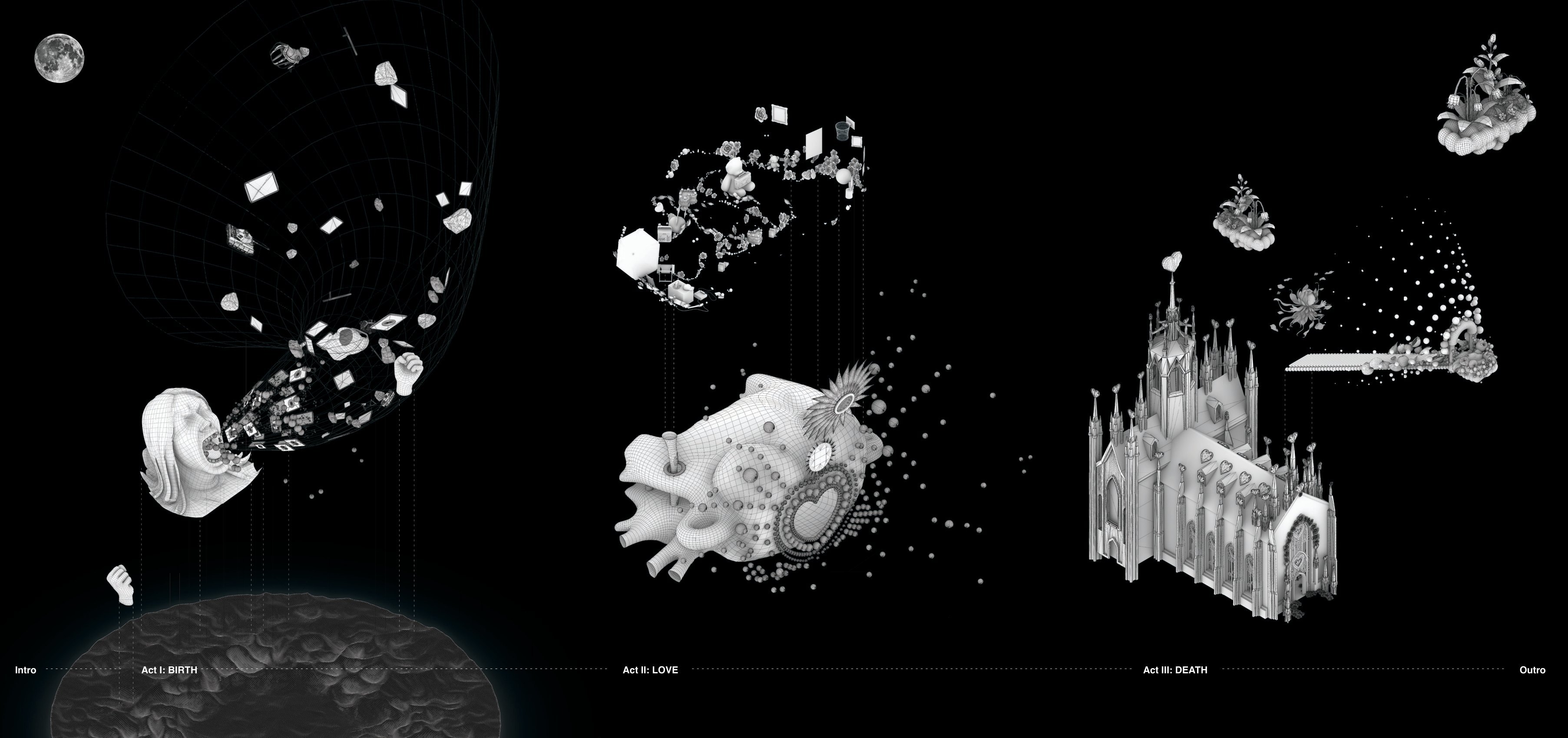 Återfödelsen / Rebirth — The three acts, drawing (Rhino)