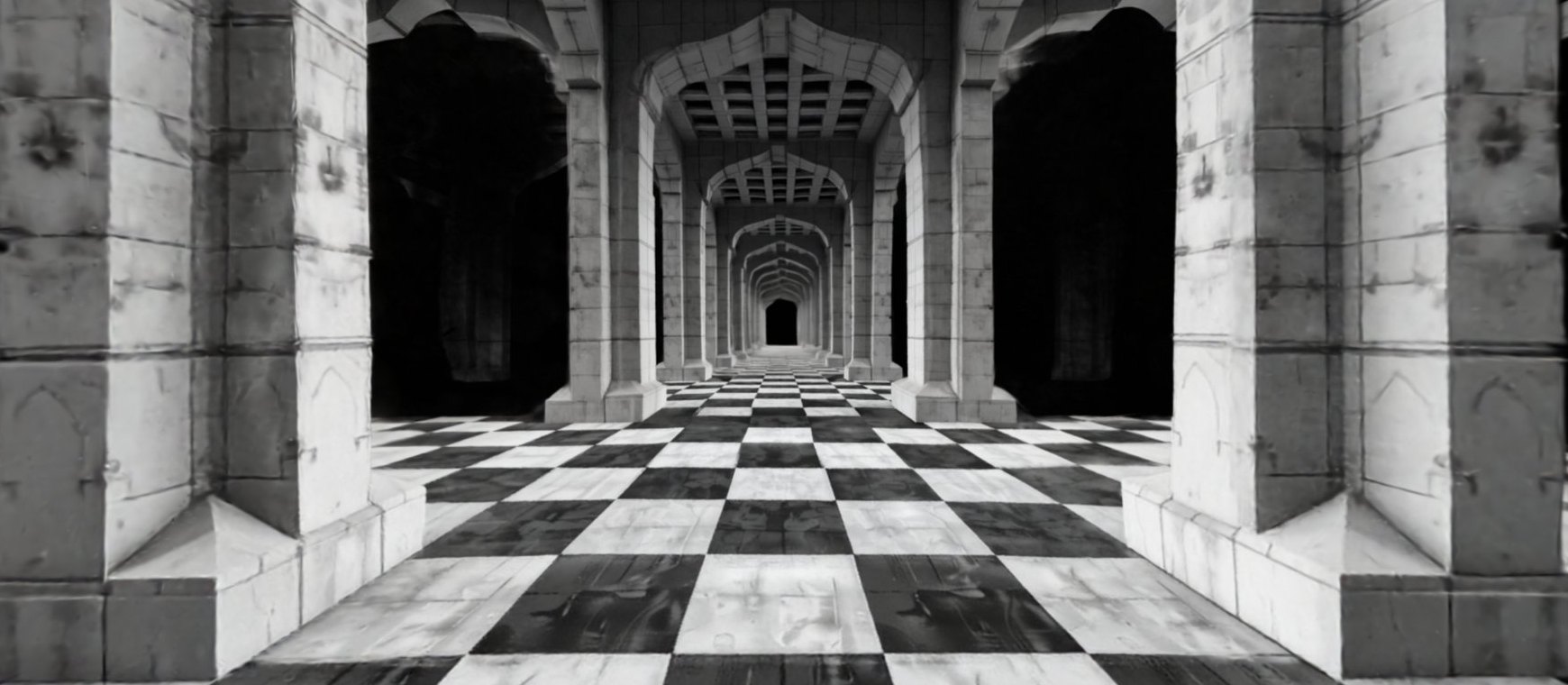 Mirrorworlds — Gaussian splat of a dream: the chequered hall